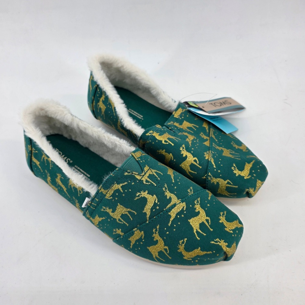 TOMS Green Gold Glitter Reindeer Alpargata Faux Fur Slip On Shoes Womens 7.5 NEW